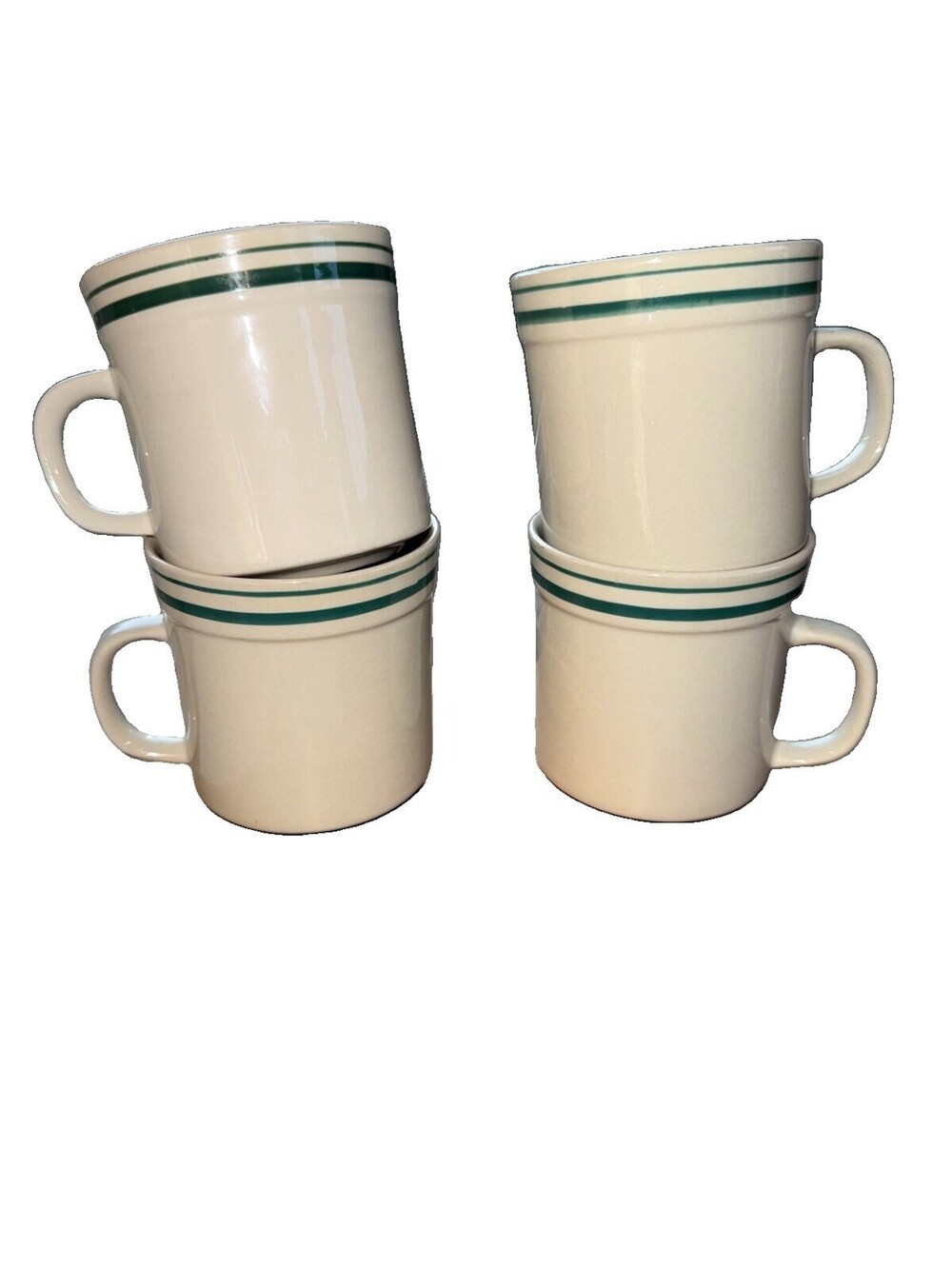 Stoneware Mugs by Newcor- Set of 4 Vintage Off White Hunter Dark Green Trim